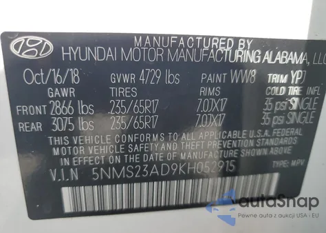 2019 Hyundai Santa Fe Se z USA, uszkodzony, nr VIN 5NMS23AD9KH052915